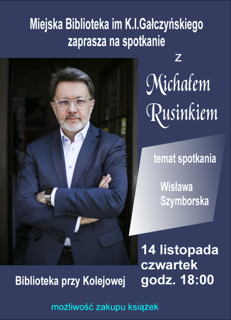 foto: Spotkanie z Michałem Rusinkiem w MBP - plakat m rusinek 738x1024