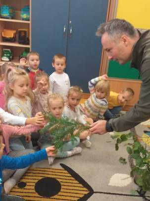 Pan Leśnik pokazuje dzieciom gałązki drzew liściastych i iglastych.