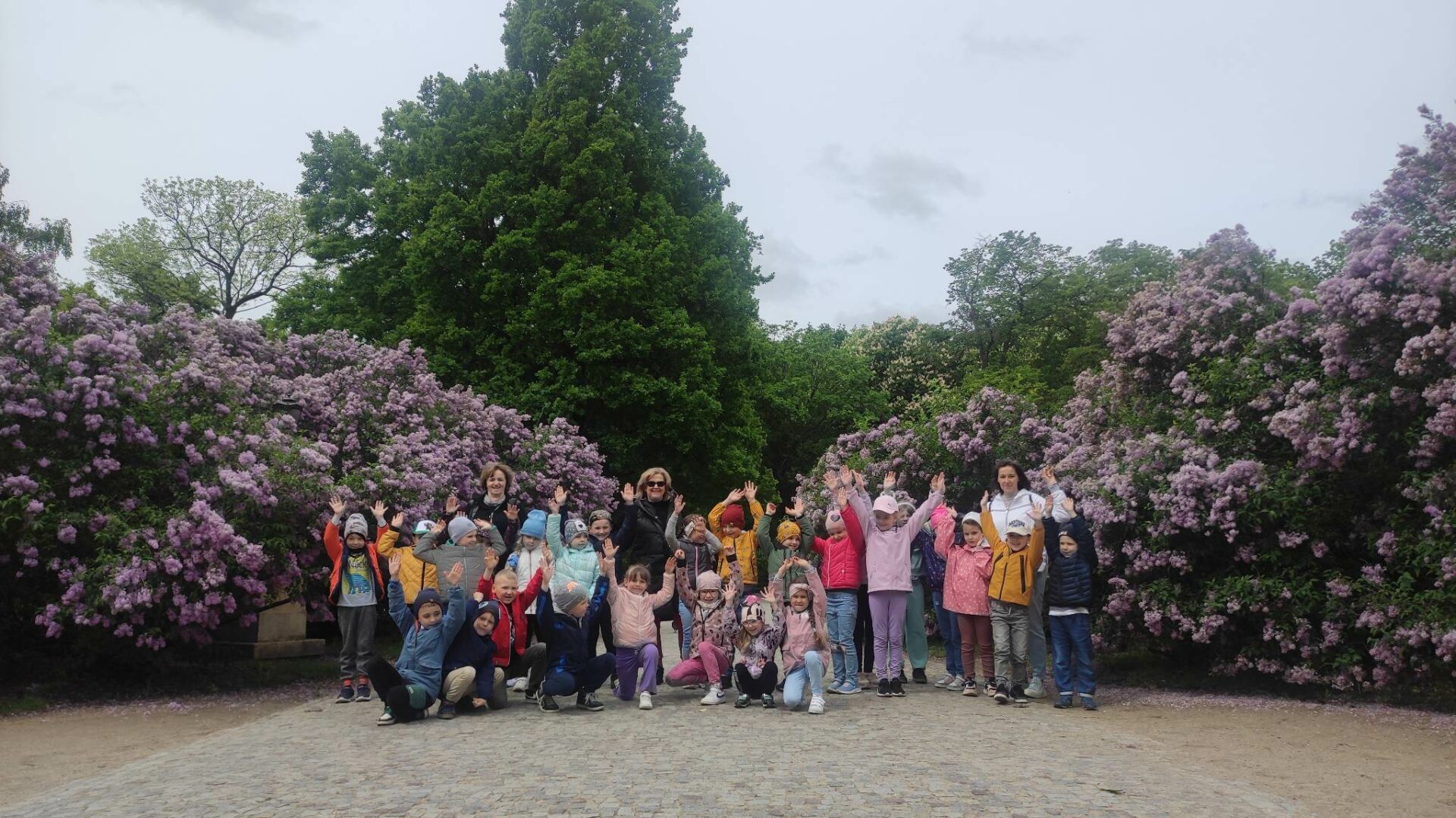 grupowe zdjęcie przedszkolaków w parku, na tle kwitnących krzewów