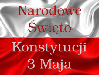 Napis "Narodowe Święto Konstytucji 3 Maja" na tle biało-czerwonej flagi
