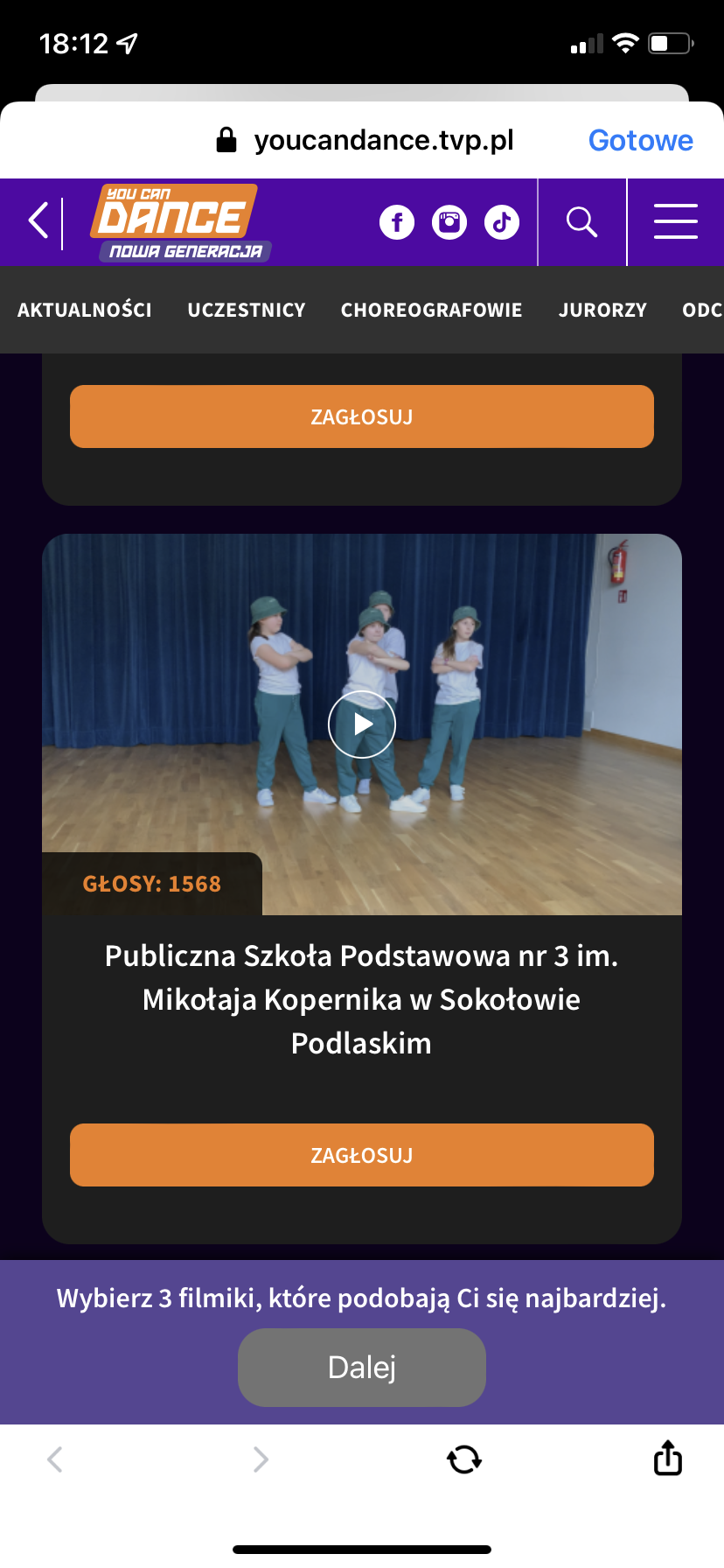 zrzut ekranu z aplikacji na telefon z otwartą stroną głosowania
