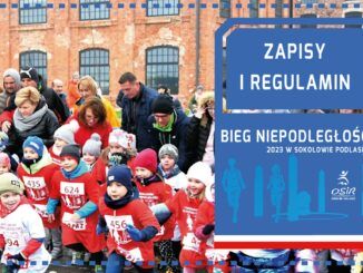 Grafika biegu na tle zdjęcia dzieci startujących do biegu w Parku Przemysłowym.