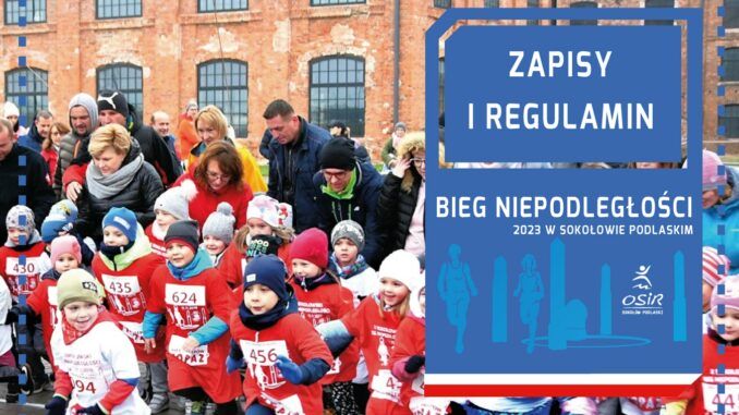 Grafika biegu na tle zdjęcia dzieci startujących do biegu w Parku Przemysłowym.