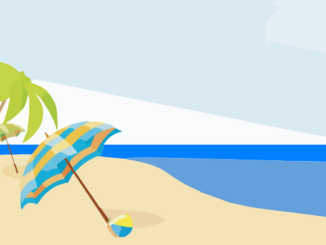 plaża nad morzem z parasolką i palmą - rysunek ilustracyjny