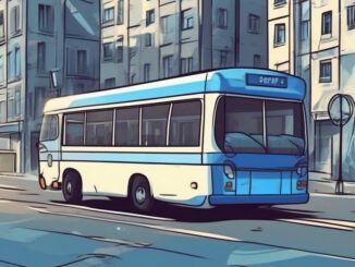 Autobus na tle budynków - grafika ilustracyjna