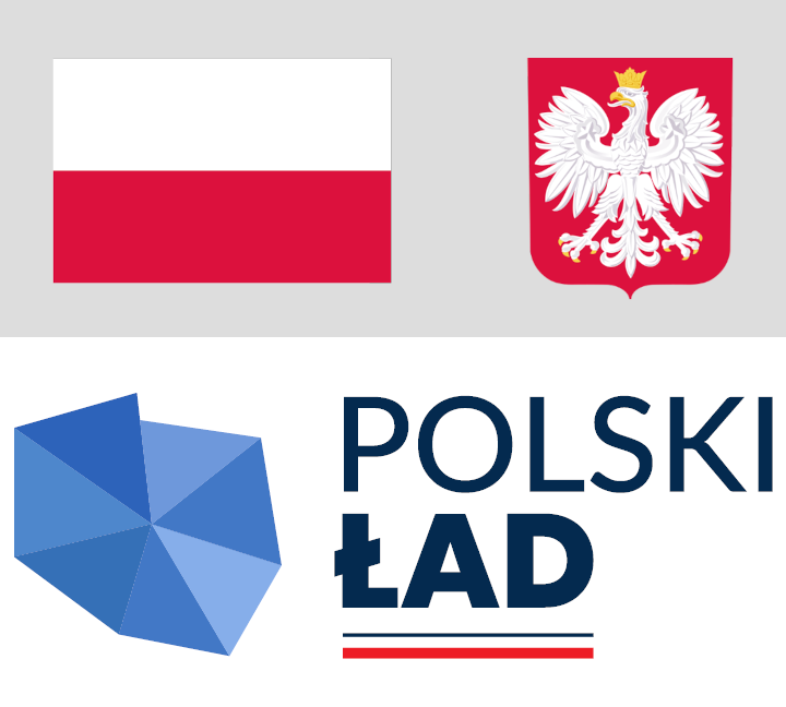 Flaga narodowa, godło państwowe i logo programu "Polski Ład"