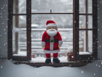 Mini-Mikołaj stojący na parapecie zaśnieżonego okna