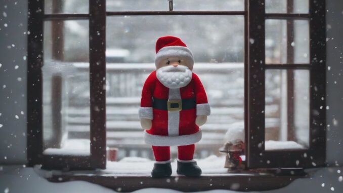 Mini-Mikołaj stojący na parapecie zaśnieżonego okna