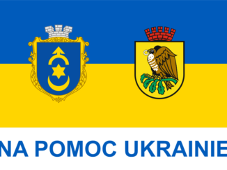 Pomoc dla Ukrainy - baner z herbami Dubna i Sokołowa Podlaskiego na tle flagi Ukrainy