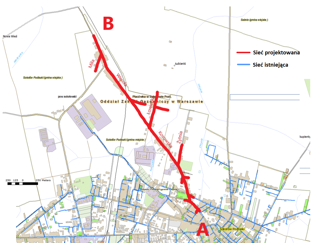 mapka z zaznaczonymi na czerwono ulicami, których dotyczy możliwość składania wniosku