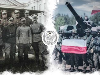 nagłówek plakatu wydarzenia - żołnierze w historycznych i współczesnych mundurach, w tle nowoczesny czołg